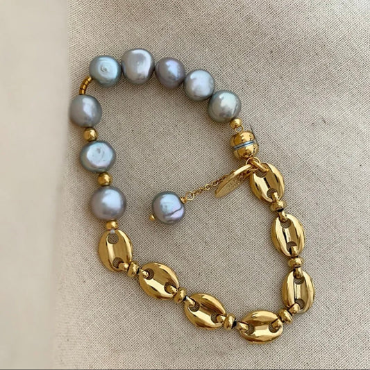 Gray pearl coffee bean chain bracelet