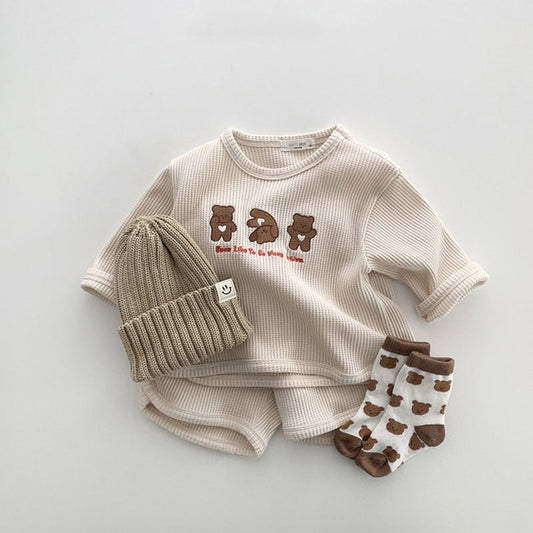 Bear Print T-Shirt & Shorts Waffle Set