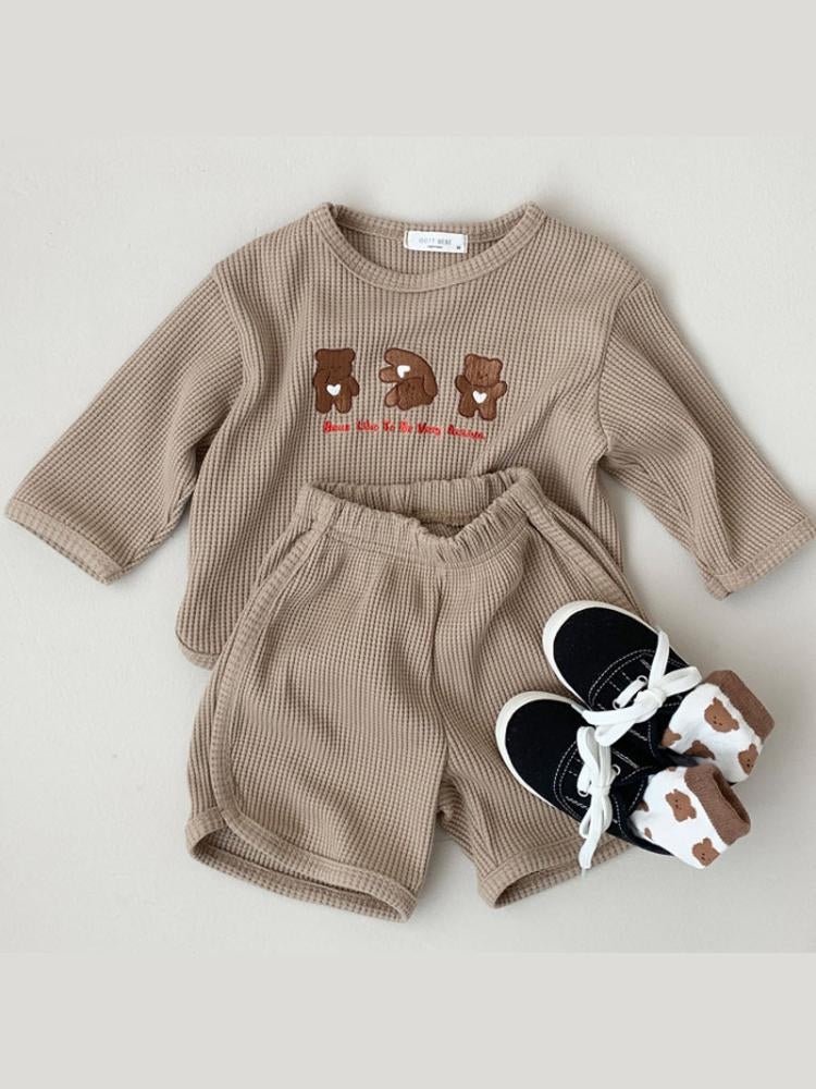 Bear Print T-Shirt & Shorts Waffle Set