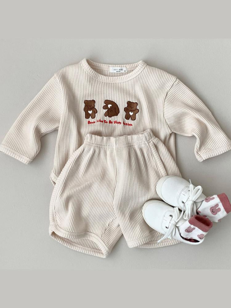 Bear Print T-Shirt & Shorts Waffle Set